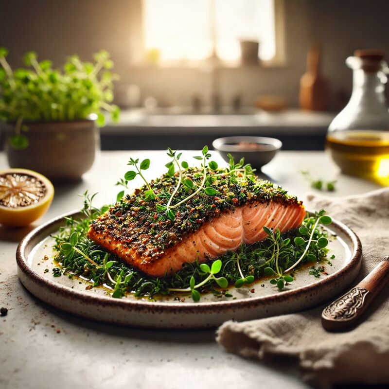 A beautifully plated herb-crusted roasted salmon with a golden-brown crust, garnished with fresh microgreens and a charred lemon slice. The salmon rests on an elegant white plate, illuminated by soft natural light streaming through a nearby window. The ba