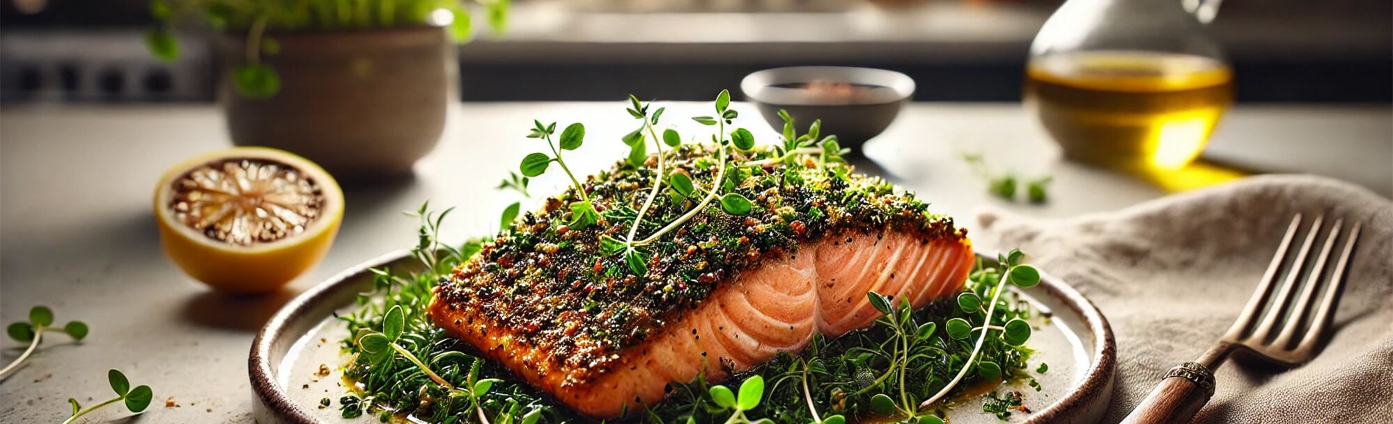 A beautifully plated herb-crusted roasted salmon with a golden-brown crust, garnished with fresh microgreens and a charred lemon slice. The salmon rests on an elegant white plate, illuminated by soft natural light streaming through a nearby window. The ba